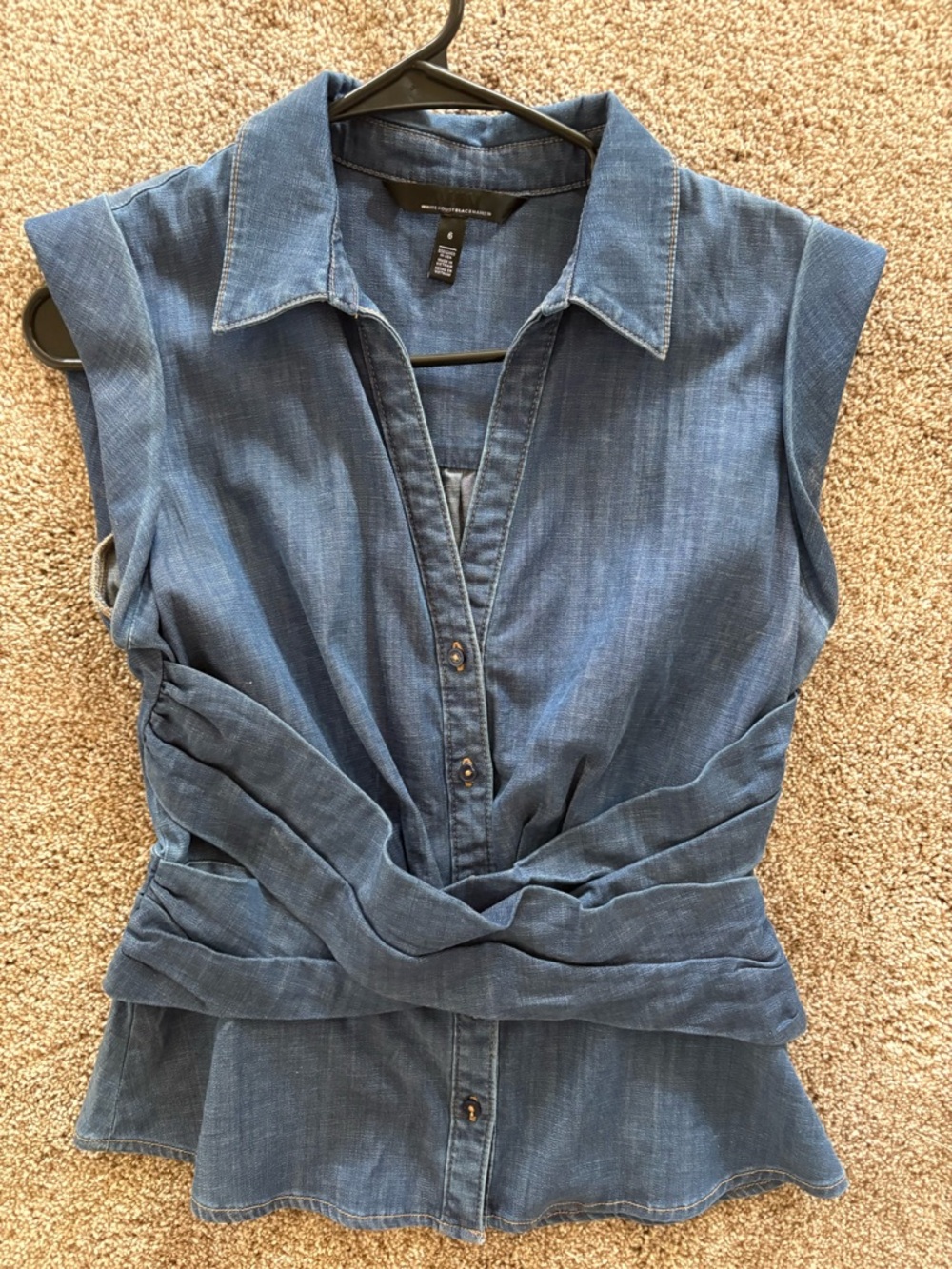 White House Black Market Sleeveless Denim-Look Twist Front Blouse - Blue